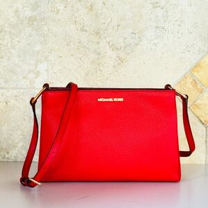 Michael Kors Trisha Medium Triple Compartment Shoulder Crossbody Bag Bright Red